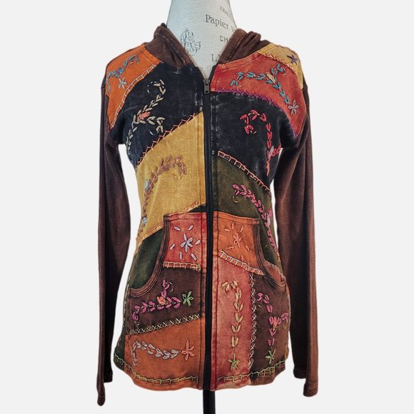 India Boutique Patchwork Multi-Colored Embroidered Zip Up Hoodie - Size … - Picture 1 of 11